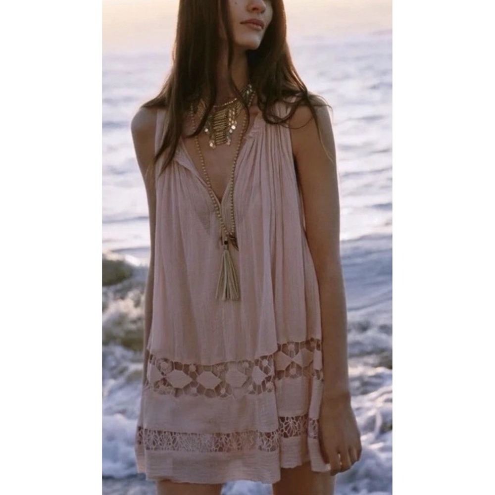 Free People FP One Costa Brave Mini Tunic Dress S Pink Boho Lace NoSlip Festival